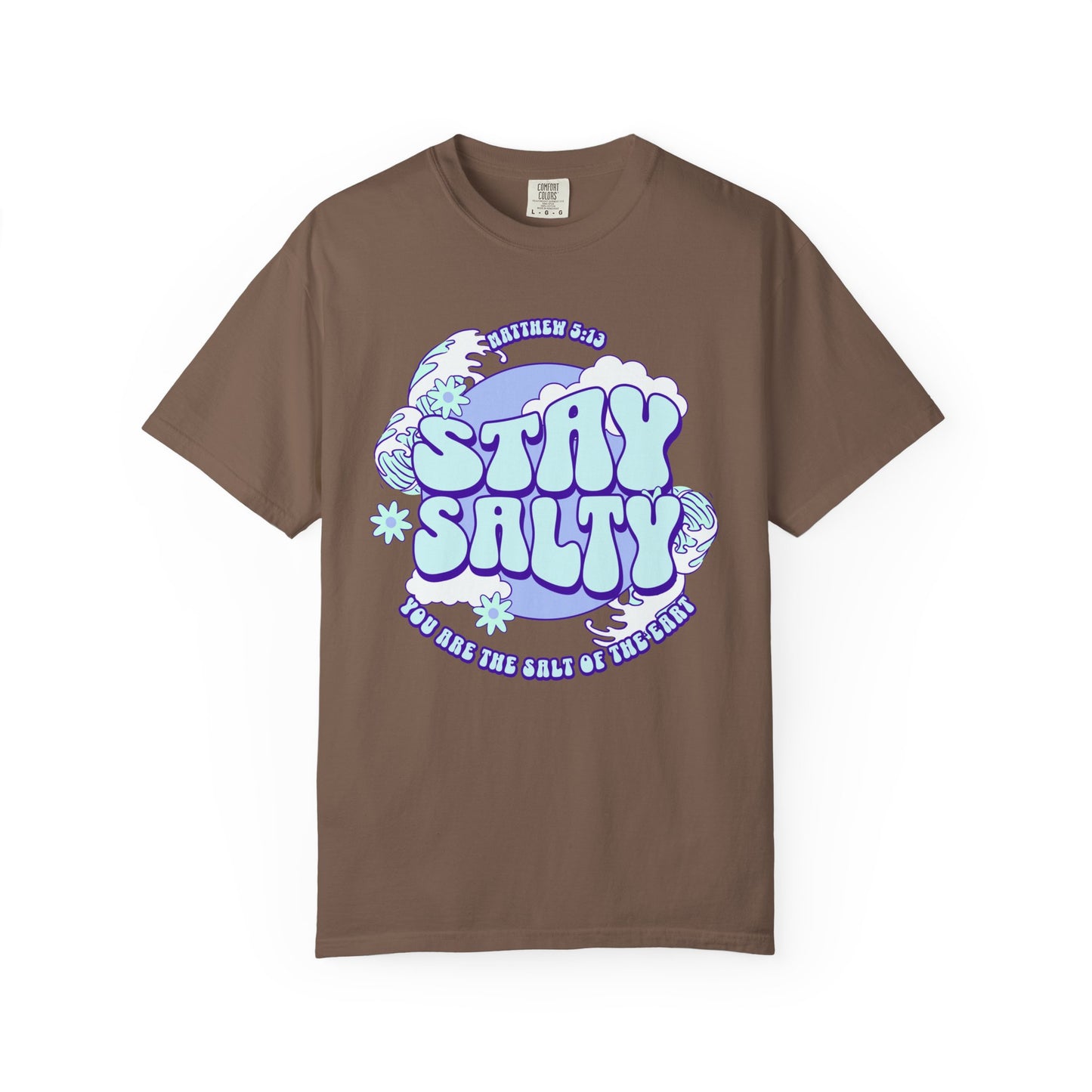 T-shirt with purple and mint green 'Stay Salty' text design featuring Matthew 5:13 scripture and retro styling