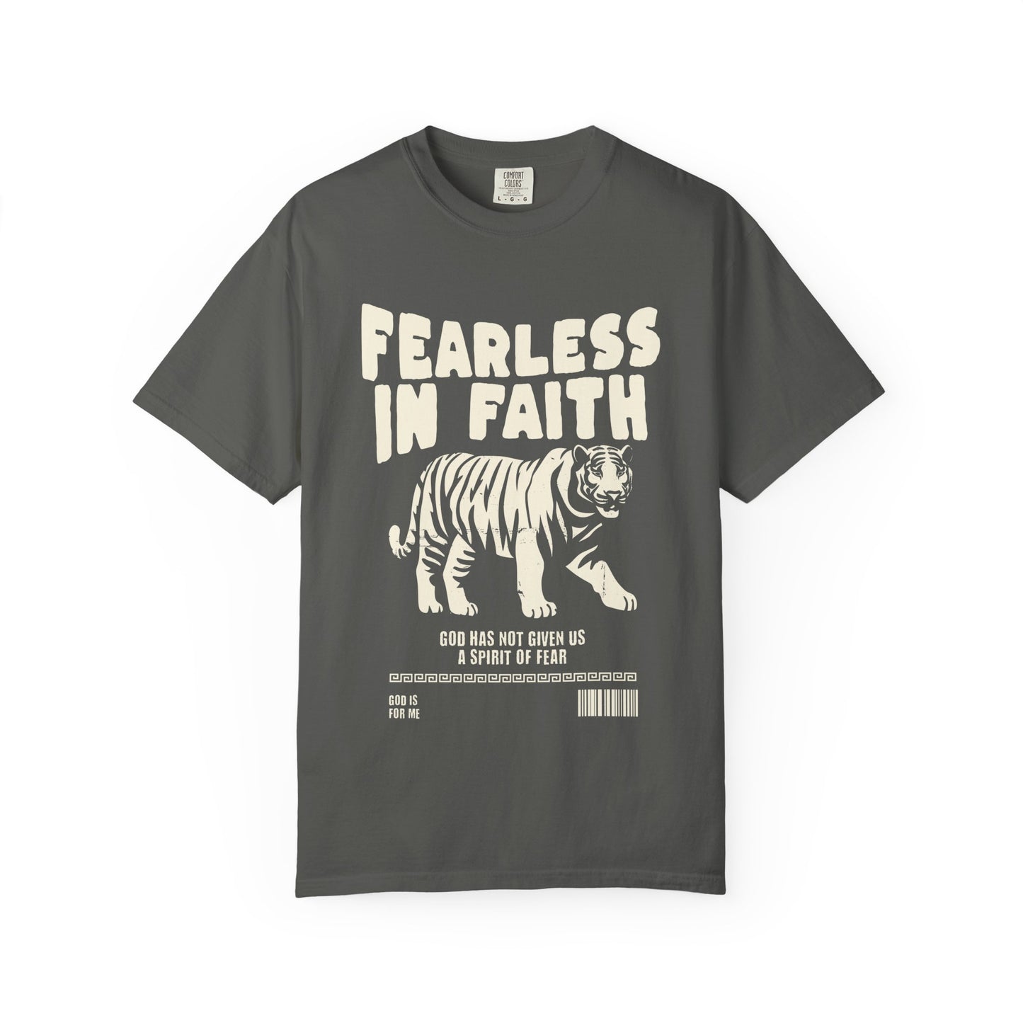 A t-shirt featuring 'Fearless In Faith' text design in elegant cream colored typography
