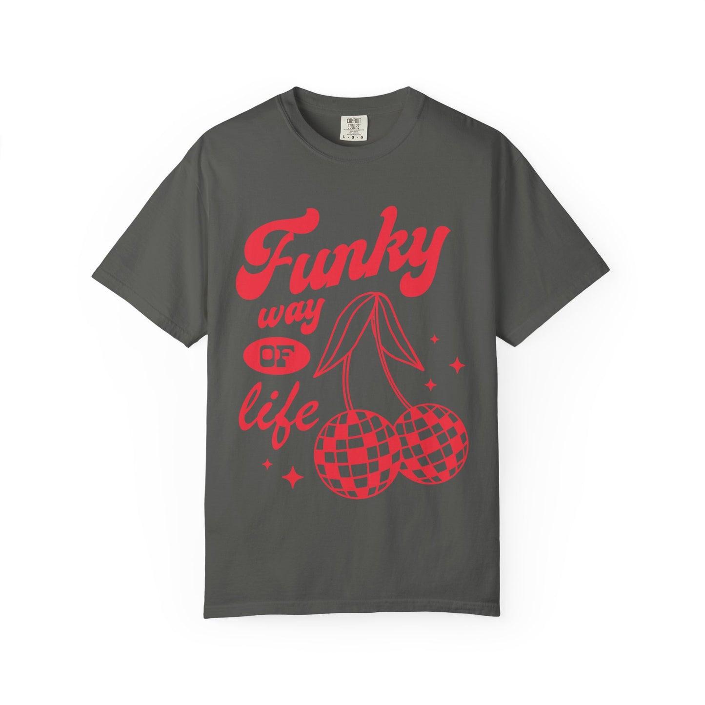 T-shirt with red retro cherry design featuring checkered disco ball cherries and funky typography
