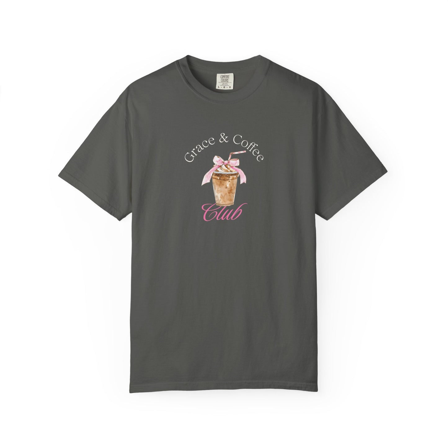 T-shirt with watercolor coffee cup design featuring pink bow and Grace & Coffee Club text