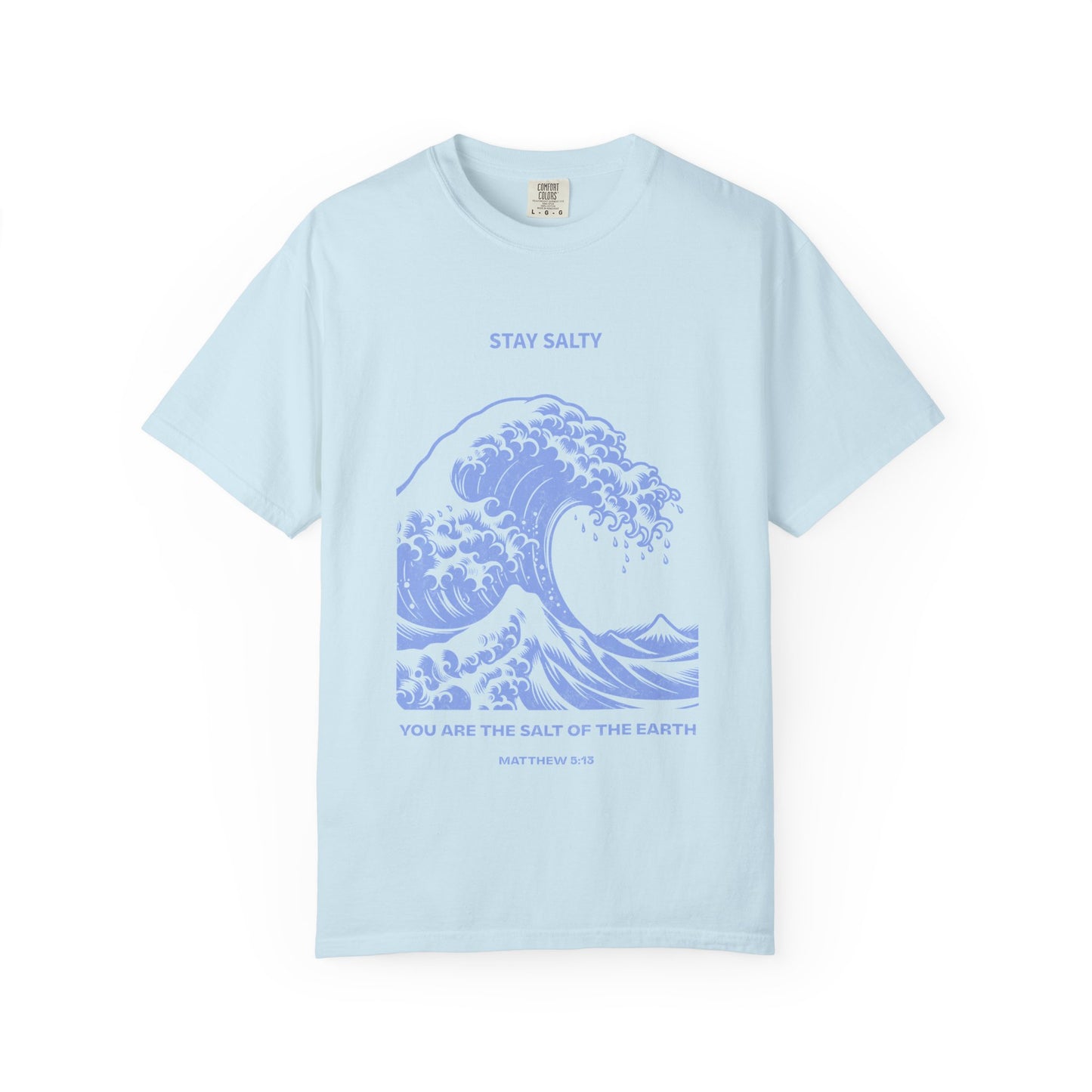 T-shirt with ocean wave design featuring Stay Salty text and Matthew 5:13 Bible verse