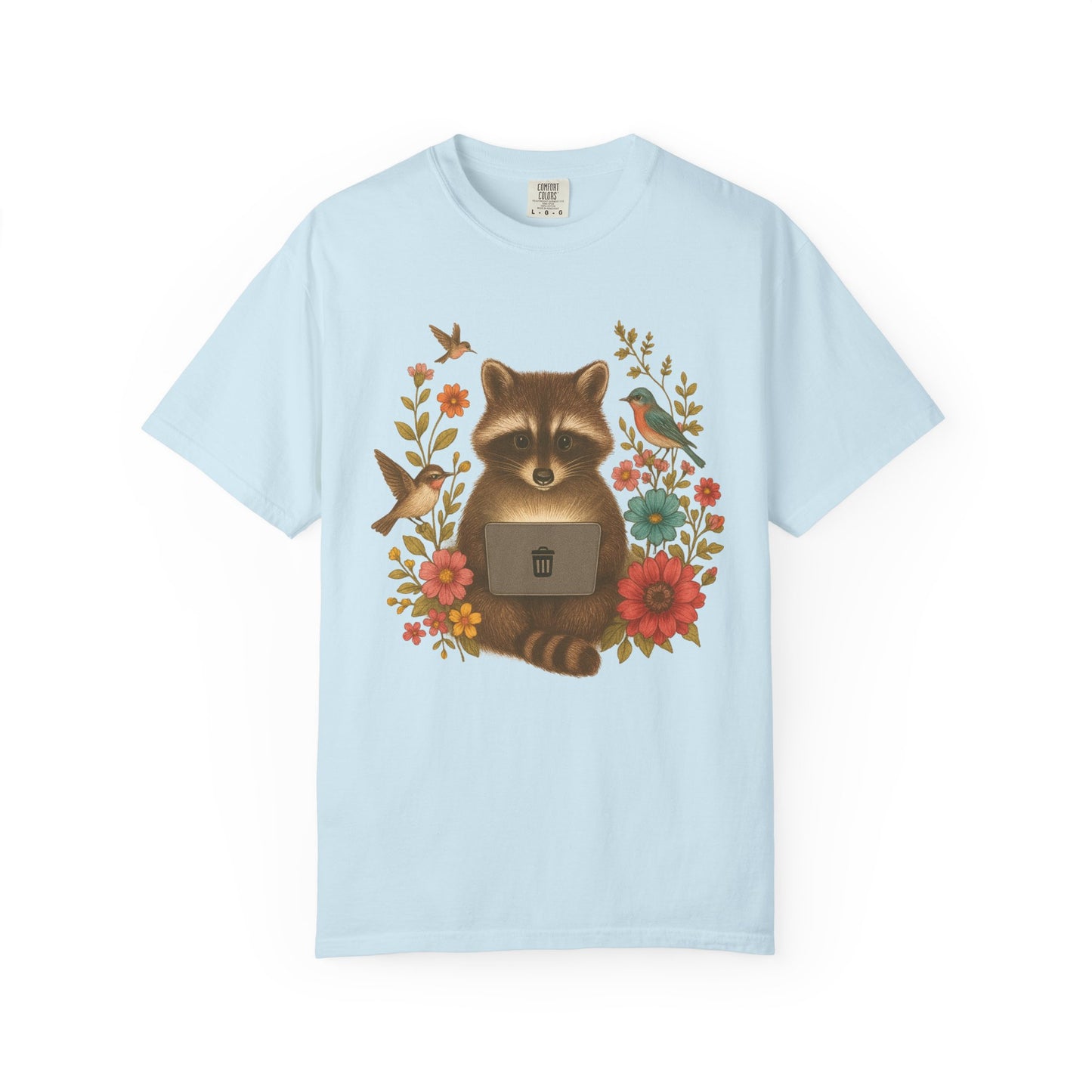 T-shirt with vintage-style raccoon illustration surrounded by colorful wildflowers and birds