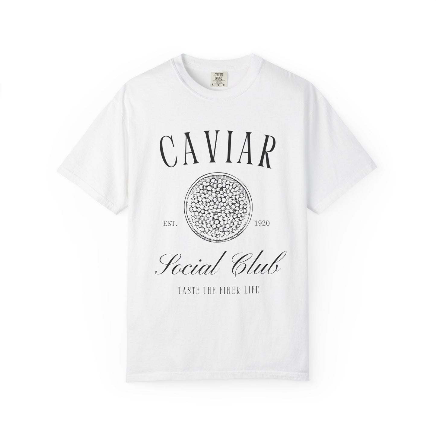 T-shirt with vintage caviar social club logo featuring caviar tin graphic and elegant typography