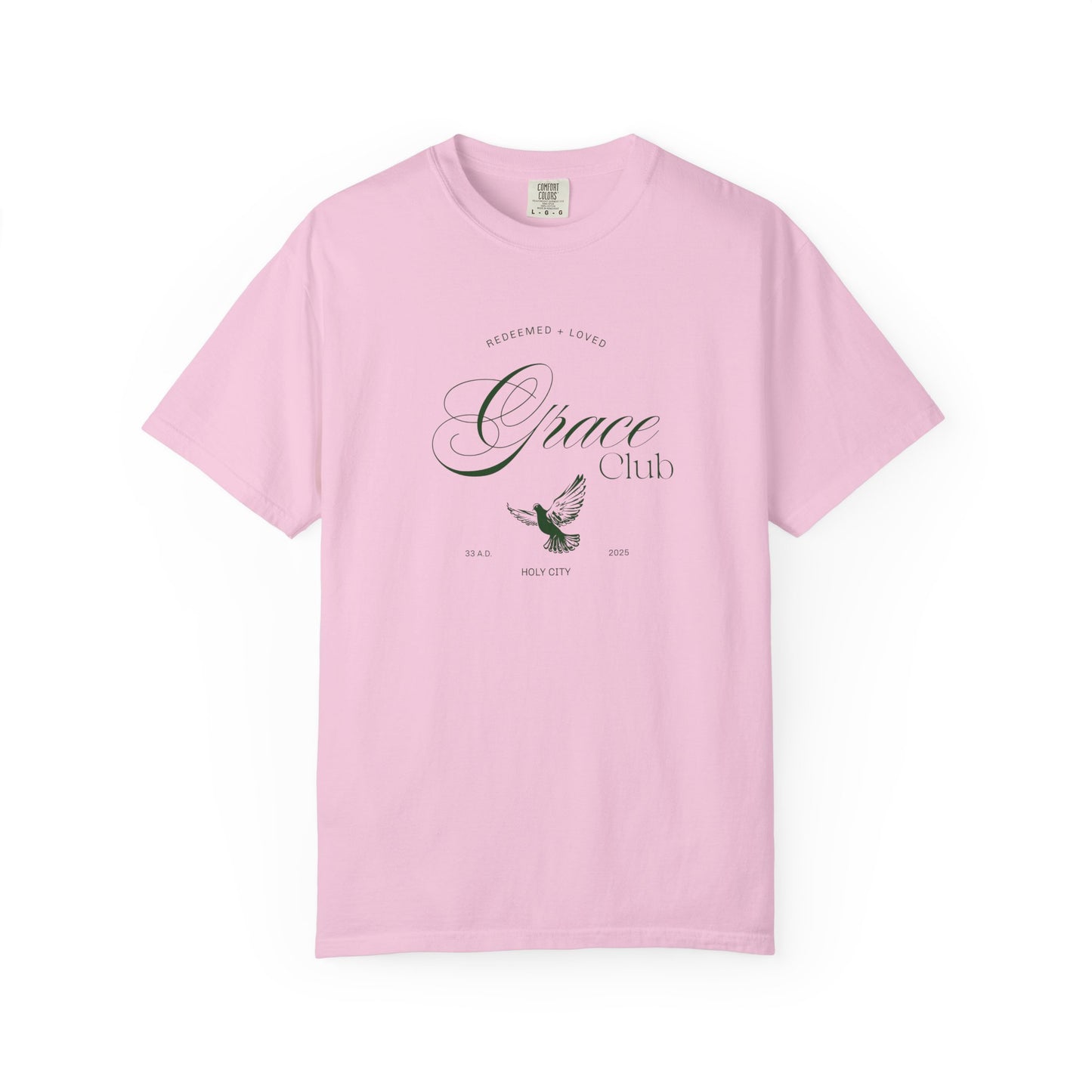 T-shirt with Grace Club text, dove symbol, and Redeemed + Loved message in elegant green design