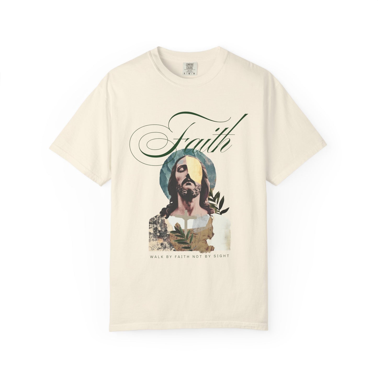 Jesus t-shirt with artistic collage design featuring Christ's face and Walk By Faith Not By Sight text