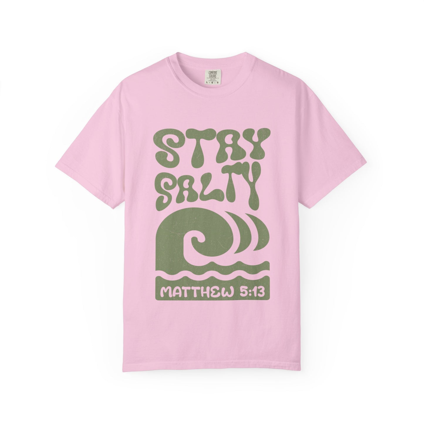 Stay Salty Matthew 5:13 t-shirt with retro wave design in sage green christian graphic