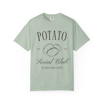 T-shirt with vintage Potato Social Club design featuring hand-drawn potatoes and brown text