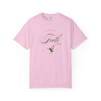 T-shirt with The Holy Order Faith Club text in elegant script with dove design and 33 A.D. Holy City details