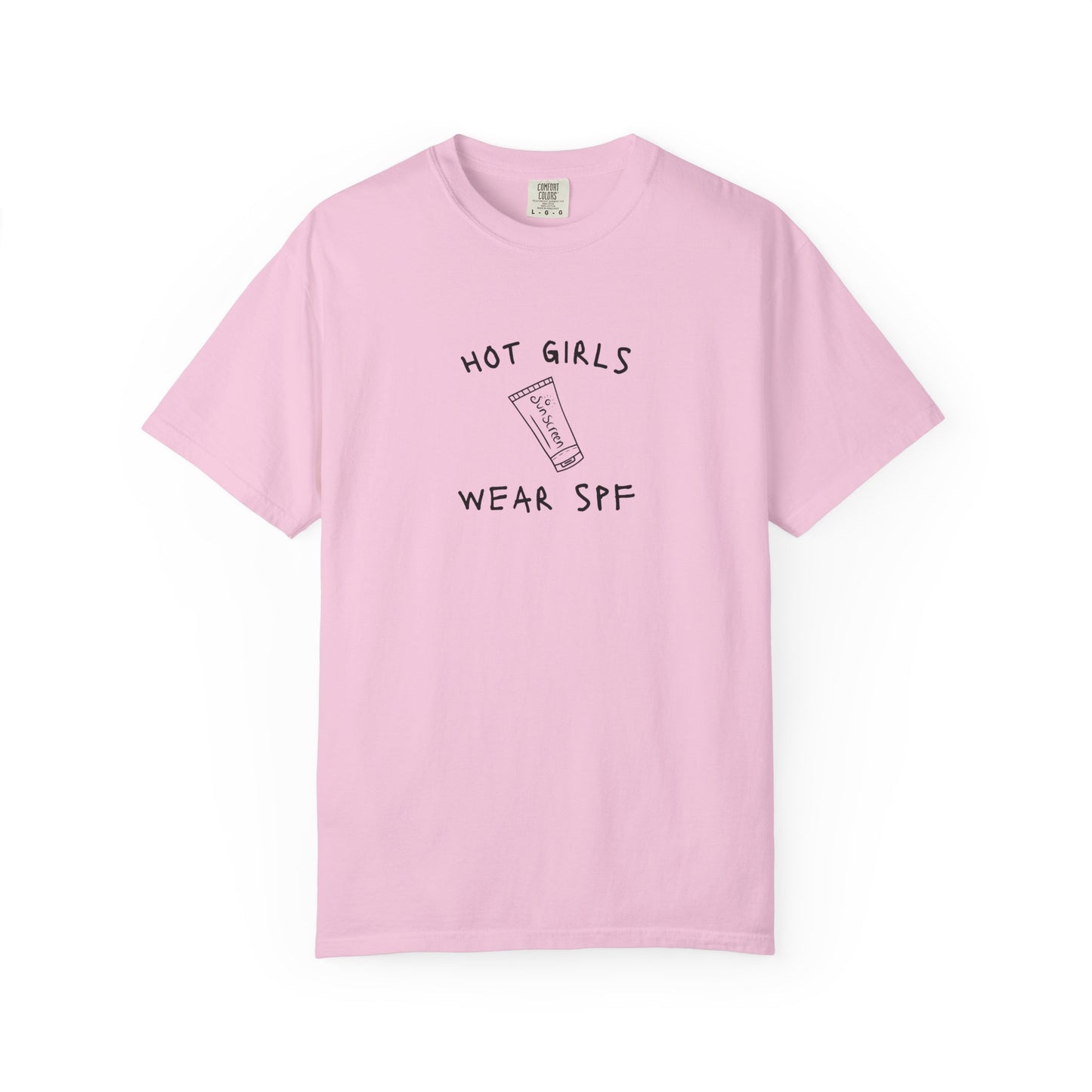 T-shirt with 'Hot Girls Wear SPF' text and sunscreen tube graphic in black minimalist design