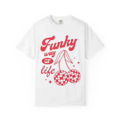 T-shirt with red retro cherry design featuring checkered disco ball cherries and funky typography