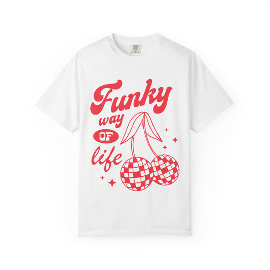 T-shirt with red retro cherry design featuring checkered disco ball cherries and funky typography