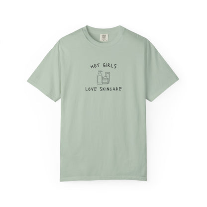 T-shirt with 'Hot Girls Love Skincare' text and minimalist line drawings of skincare products