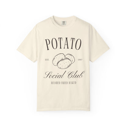 T-shirt with vintage Potato Social Club design featuring hand-drawn potatoes and brown text
