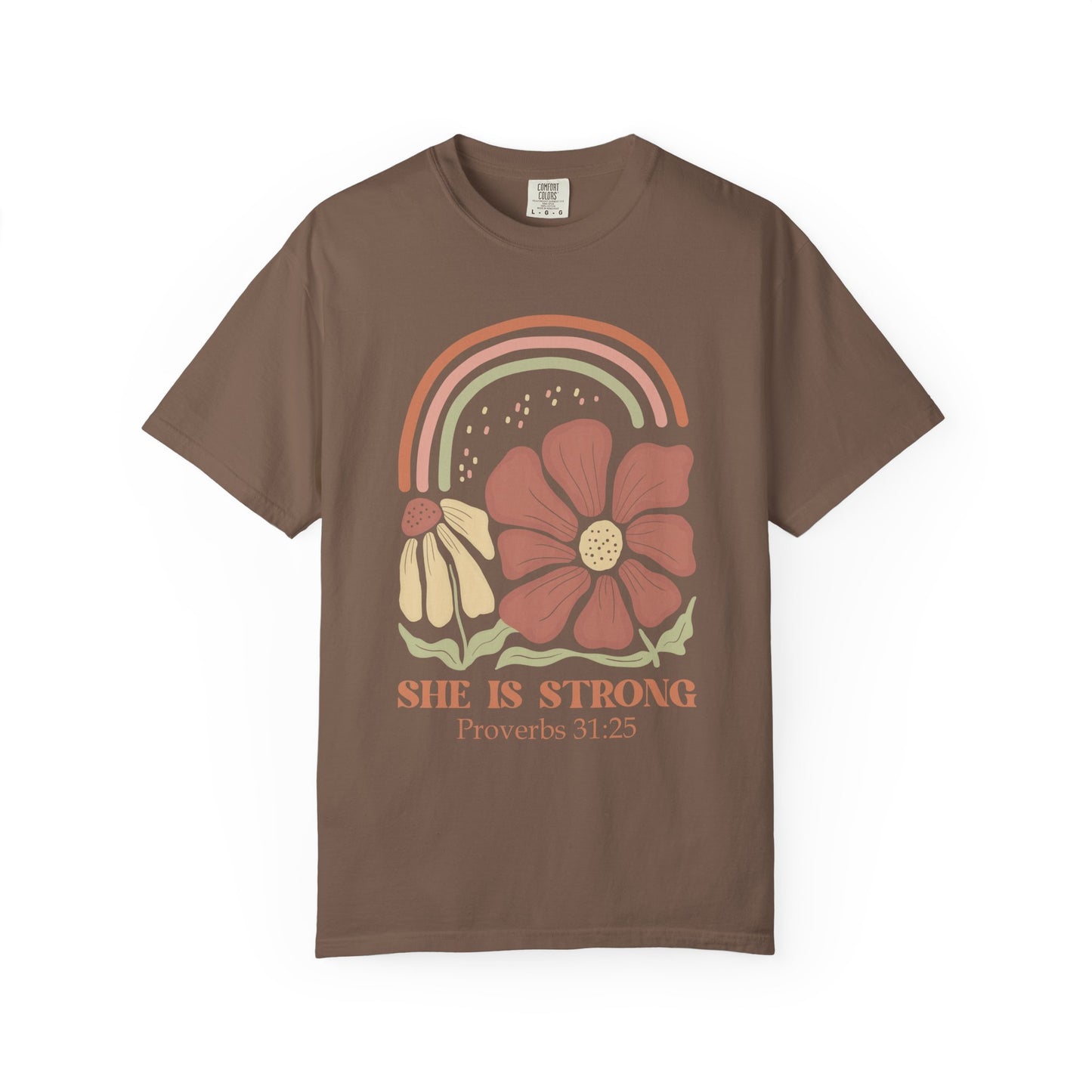 T-shirt with boho rainbow, terracotta and cream flowers, and 'She Is Strong Proverbs 31:25' text