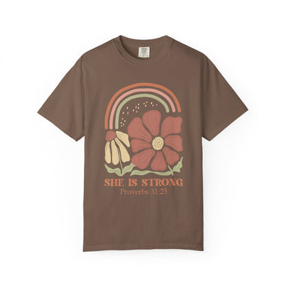 T-shirt with boho rainbow, terracotta and cream flowers, and 'She Is Strong Proverbs 31:25' text