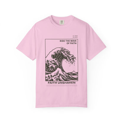 T-shirt with ocean wave design featuring 'Ride The Wave of Faith' and 'Faith Unshaken' text