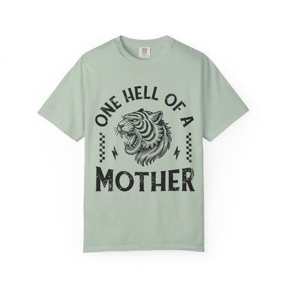 Black and white t-shirt with roaring tiger head and 'One Hell Of A Mother' text in distressed lettering