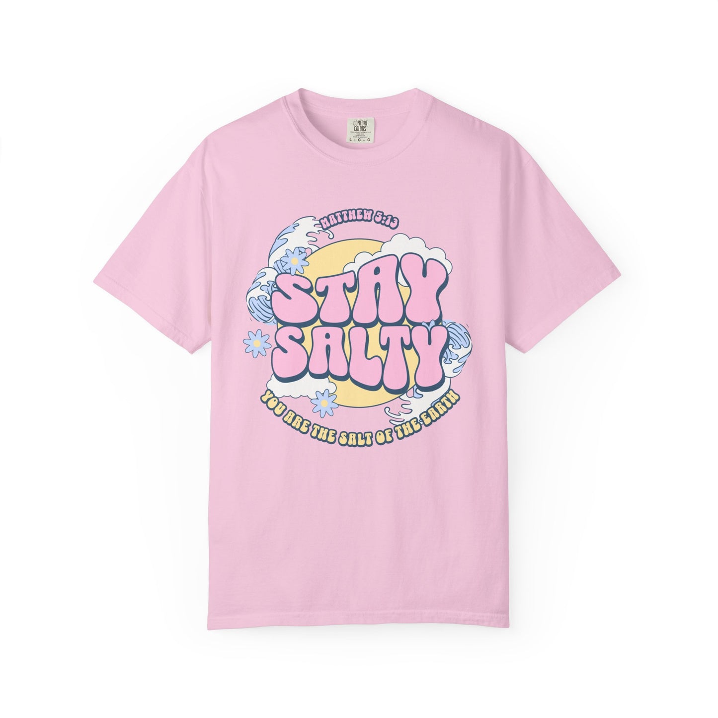 Christian t-shirt with pink 'Stay Salty' text, Matthew 5:13 verse, ocean waves and daisy flowers