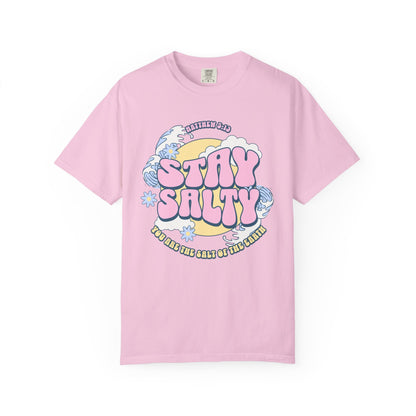 Christian t-shirt with pink 'Stay Salty' text, Matthew 5:13 verse, ocean waves and daisy flowers