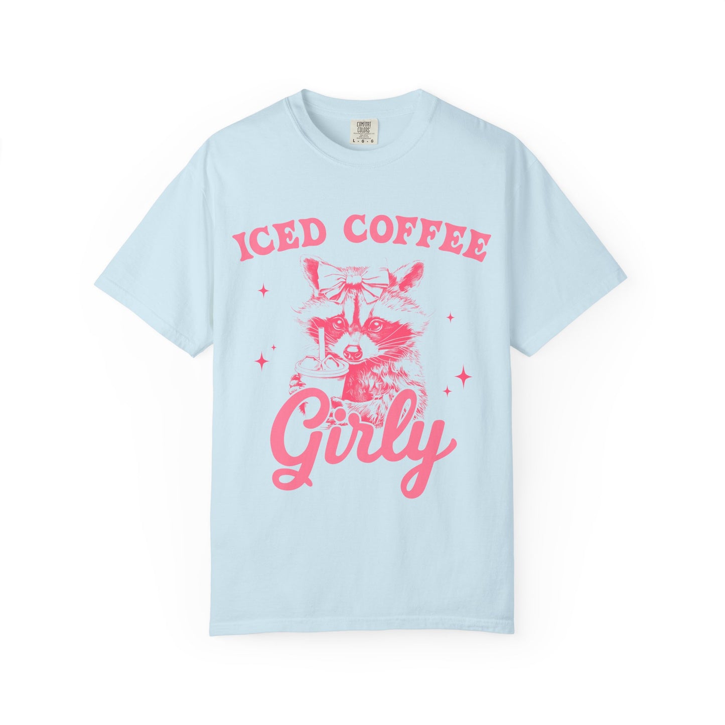T-shirt with pink raccoon wearing bow holding iced coffee cup with 'Iced Coffee Girl' text and stars