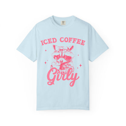 T-shirt with pink raccoon wearing bow holding iced coffee cup with 'Iced Coffee Girl' text and stars