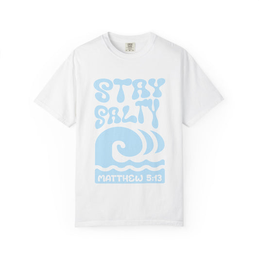 Christian t-shirt with 'Stay Salty' text and ocean wave design referencing Matthew 5:13