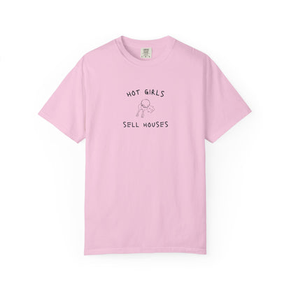 T-shirt with 'Hot Girls Sell Houses' text and hand-drawn house keys illustration in black