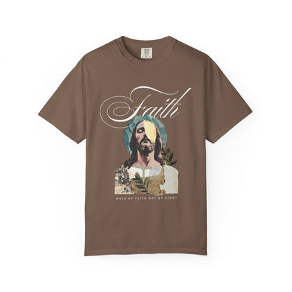 Jesus t-shirt with artistic collage design featuring Christ's face and Walk By Faith Not By Sight text