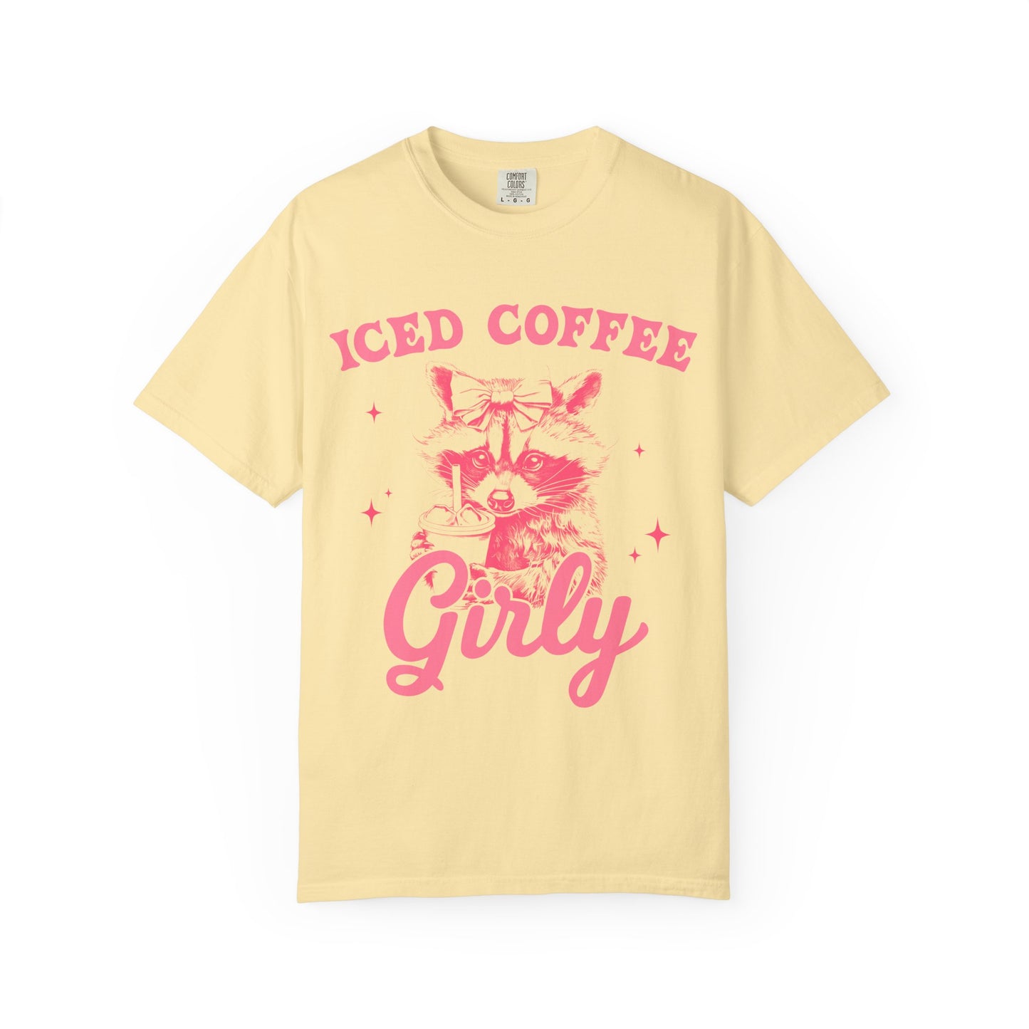 T-shirt with pink raccoon wearing bow holding iced coffee cup with 'Iced Coffee Girl' text and stars