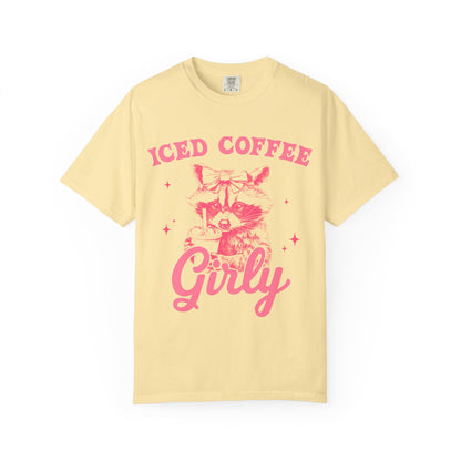T-shirt with pink raccoon wearing bow holding iced coffee cup with 'Iced Coffee Girl' text and stars