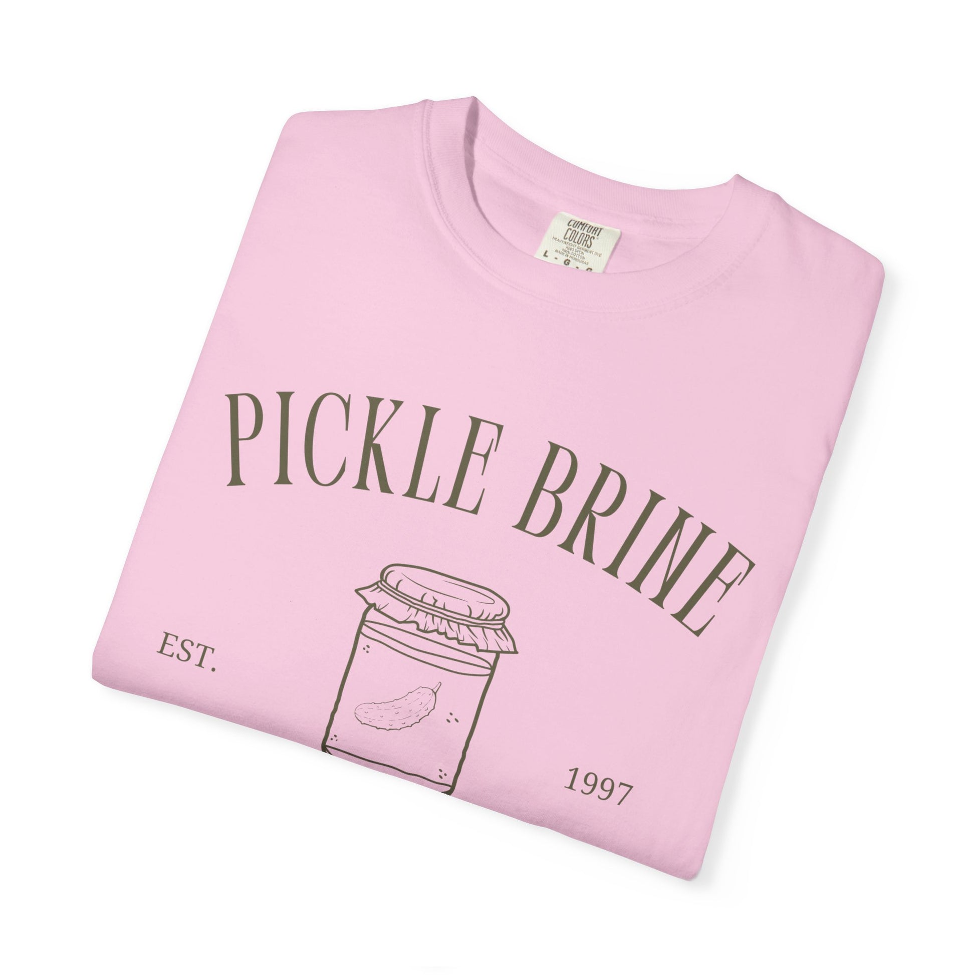 T-shirt with vintage pickle brine social club design featuring mason jar with pickle illustration