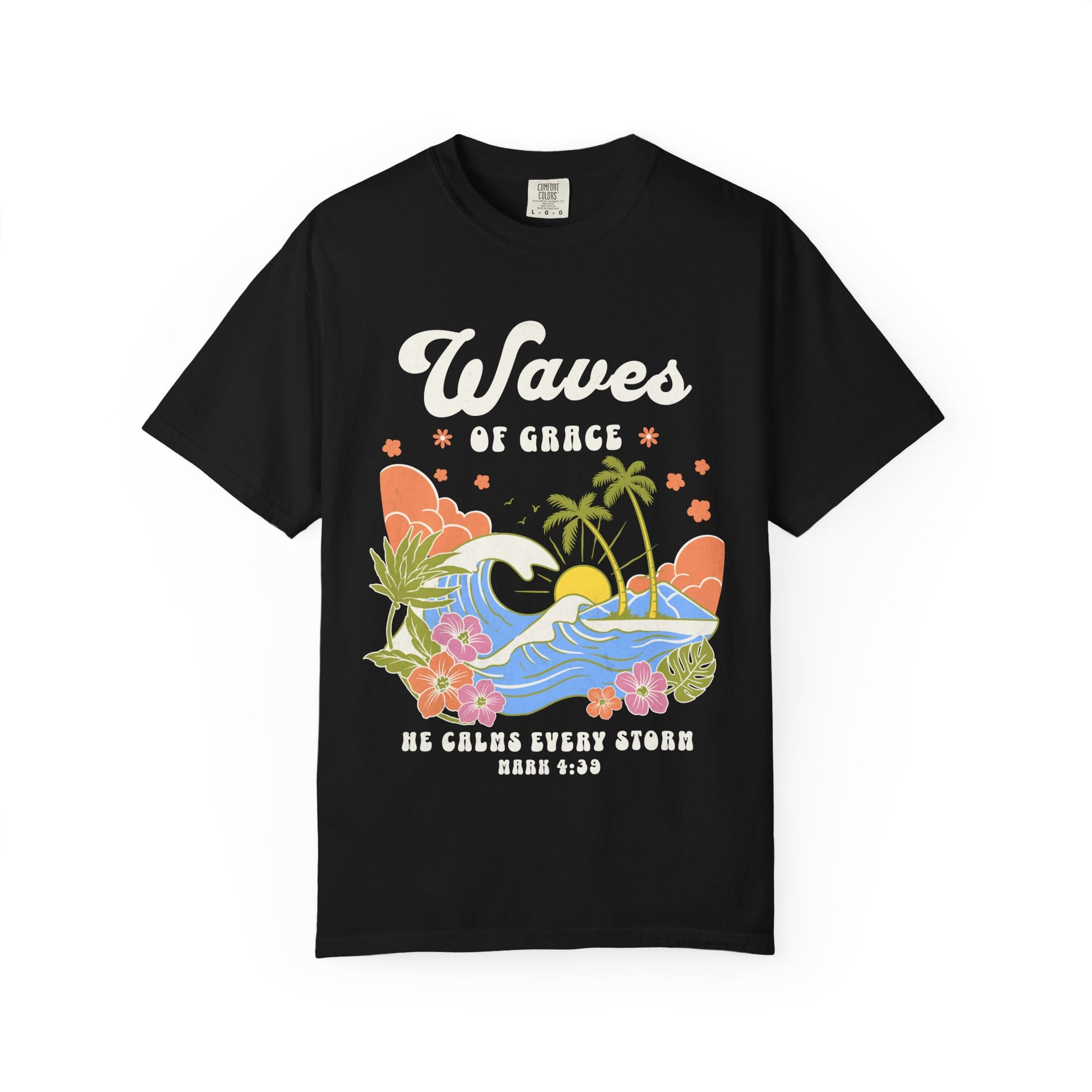 T-shirt with tropical ocean waves, palm trees, hibiscus flowers and 'Waves of Grace' scripture design