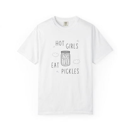 T-shirt with hand-lettered 'Hot Girls Eat Pickles' text and illustrated pickle jar with clouds