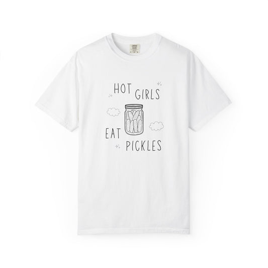 T-shirt with hand-lettered 'Hot Girls Eat Pickles' text and illustrated pickle jar with clouds