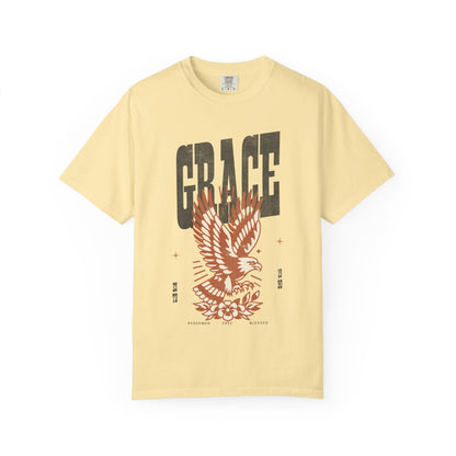 Christian t-shirt with vintage eagle design in orange and cream colors featuring Grace text and decorative elements
