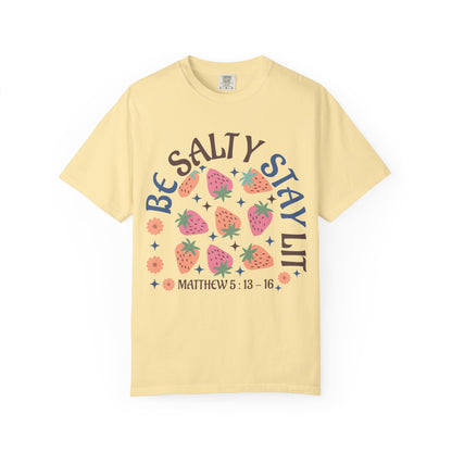 Be Salty t-shirt design with pink and orange strawberries, flowers, and Matthew 5:13-16 scripture