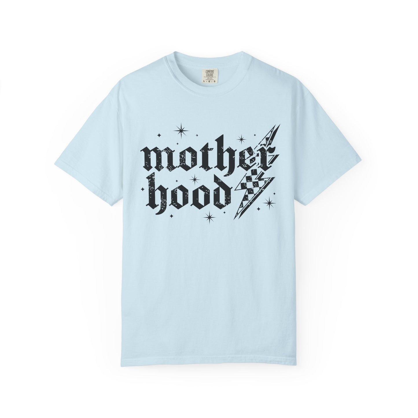 T-shirt with gothic Mother Hood text, lightning bolt graphics, and checkerboard pattern elements