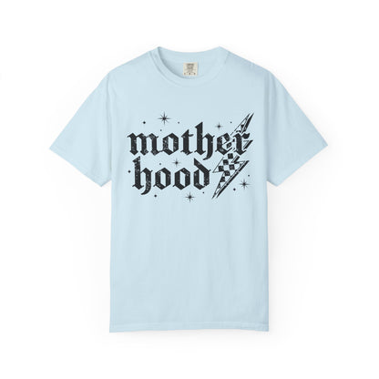 T-shirt with gothic Mother Hood text, lightning bolt graphics, and checkerboard pattern elements