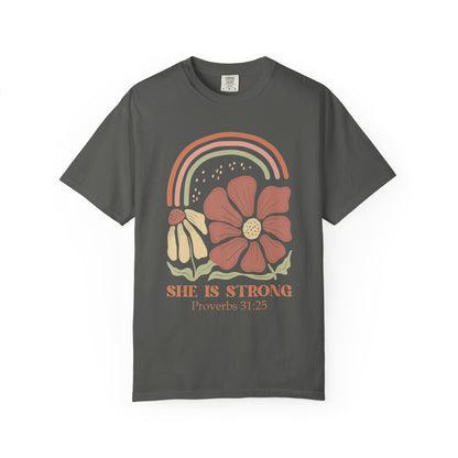 T-shirt with boho rainbow, terracotta and cream flowers, and 'She Is Strong Proverbs 31:25' text