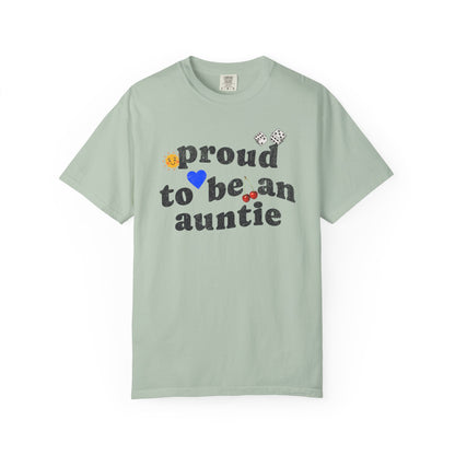 T-shirt with distressed text 'proud to be an auntie' featuring sun, heart, dice and cherries