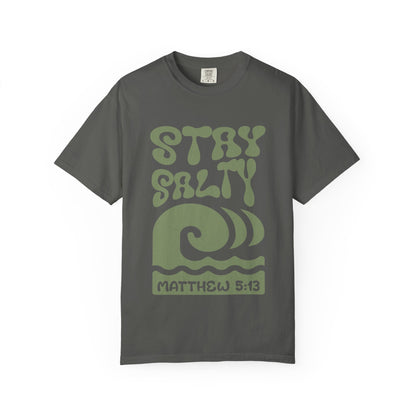 Stay Salty Matthew 5:13 t-shirt with retro wave design in sage green christian graphic