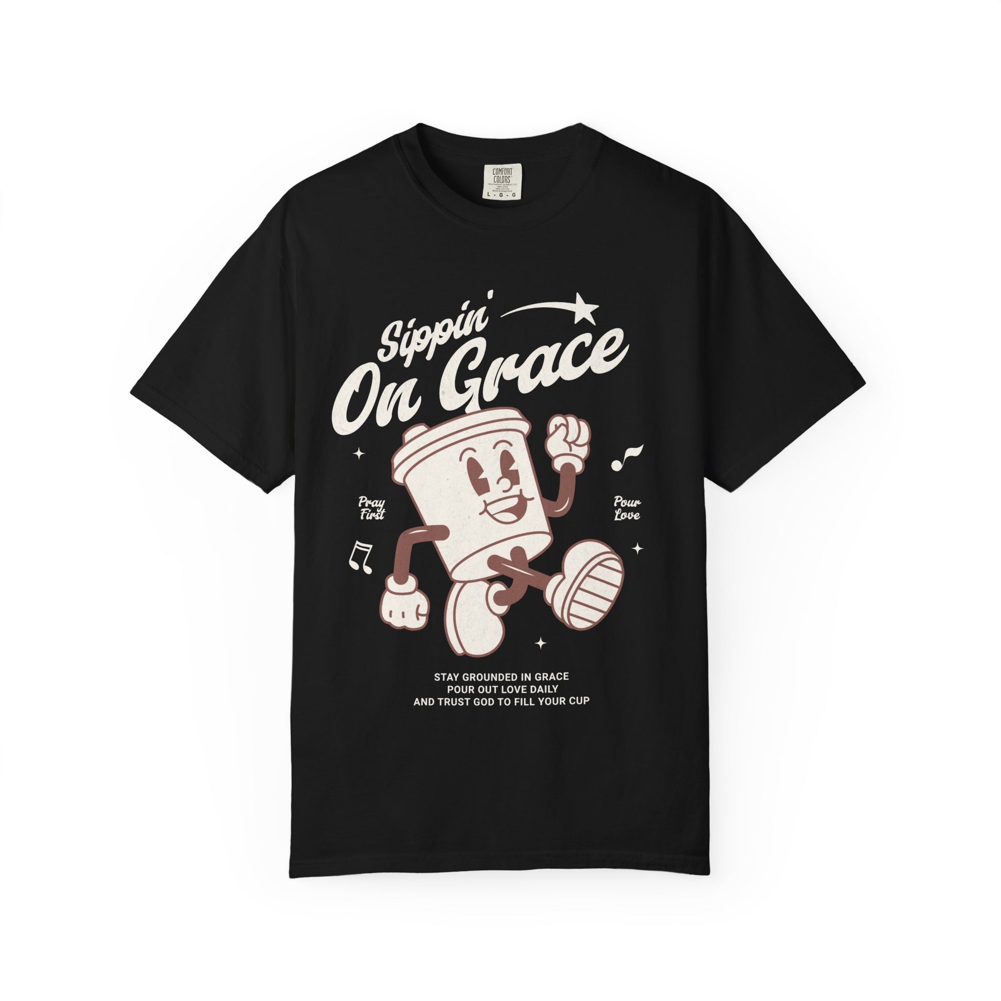 Christian t-shirt with cartoon coffee cup character and 'Sippin' On Grace' text in brown design