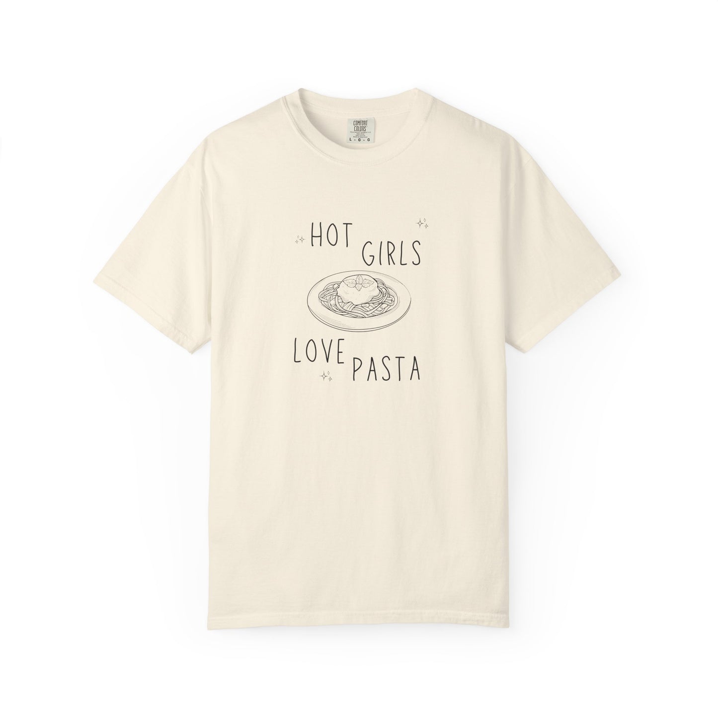 T-shirt design with 'Hot Girls Love Pasta' text and hand-drawn pasta plate illustration with stars