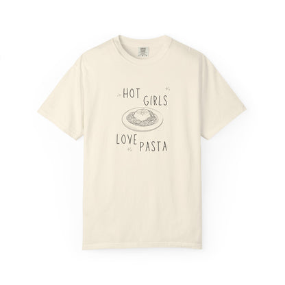 T-shirt design with 'Hot Girls Love Pasta' text and hand-drawn pasta plate illustration with stars