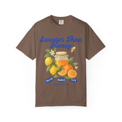 Christian t-shirt with Sweeter Than Honey Psalm 19:10 design featuring watercolor honey jar, citrus fruits, and bees