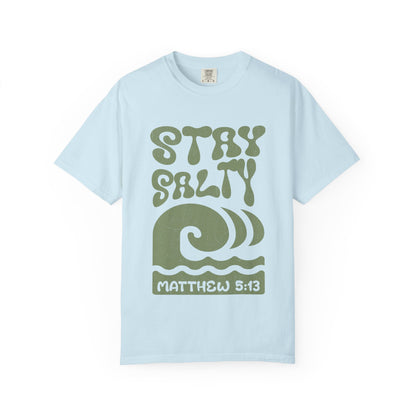 Stay Salty Matthew 5:13 t-shirt with retro wave design in sage green christian graphic
