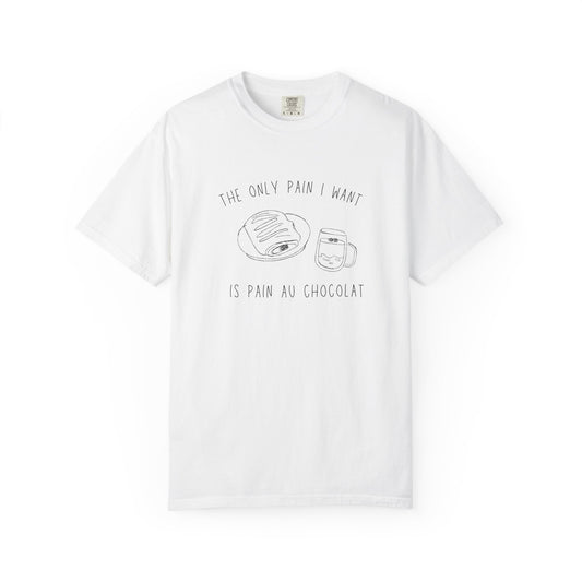 T-shirt with hand-drawn croissant and coffee cup illustration and funny baking text
