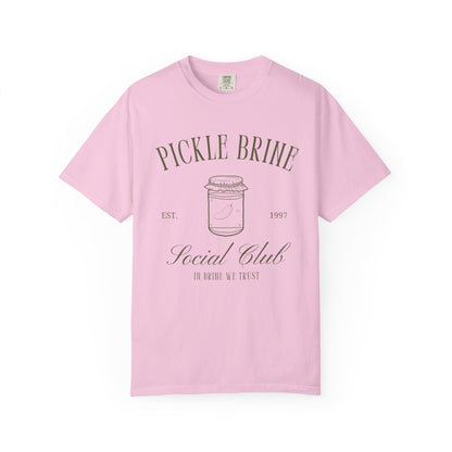 T-shirt with vintage pickle brine social club design featuring mason jar with pickle illustration