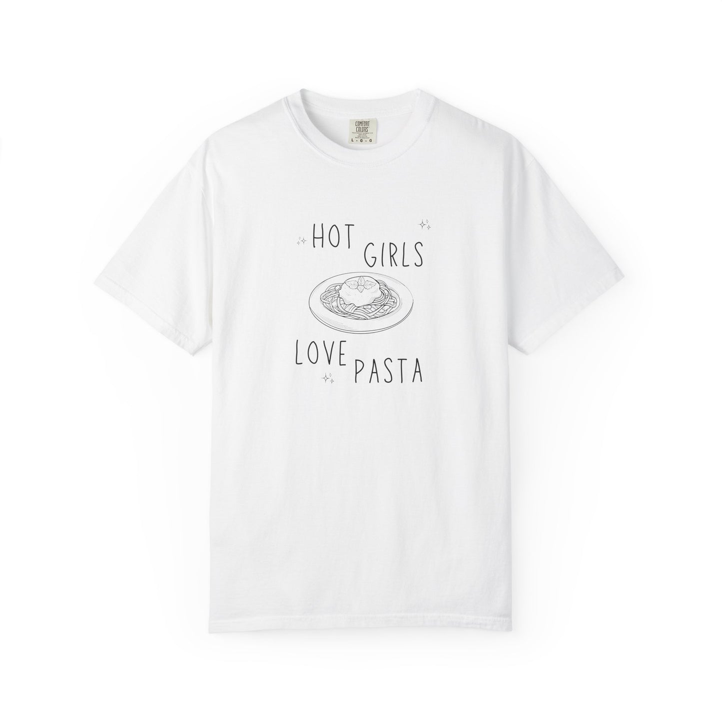 T-shirt design with 'Hot Girls Love Pasta' text and hand-drawn pasta plate illustration with stars