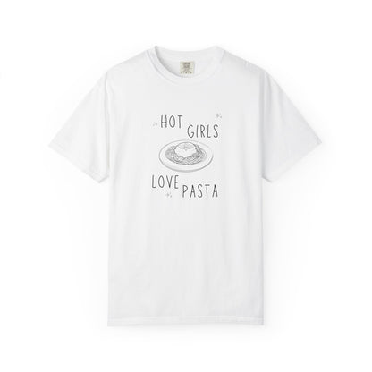 T-shirt design with 'Hot Girls Love Pasta' text and hand-drawn pasta plate illustration with stars
